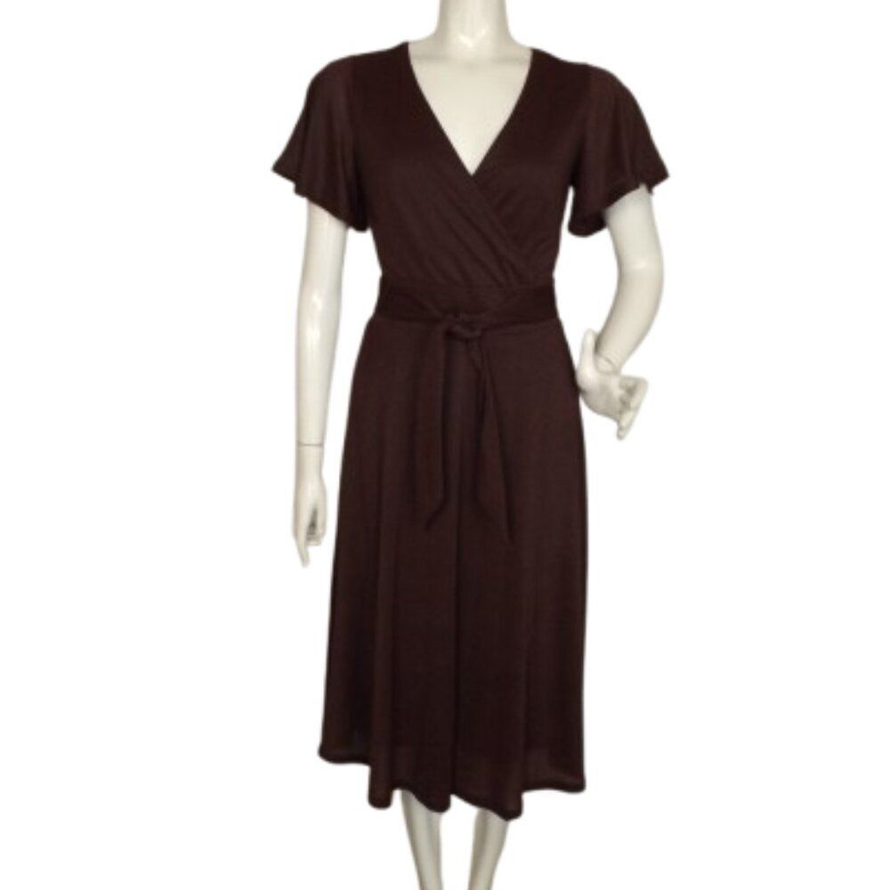 BODEN Burgundy Sparkle Dress, 4L, Flutter Sleeve, V-neckline, Belted/Sash